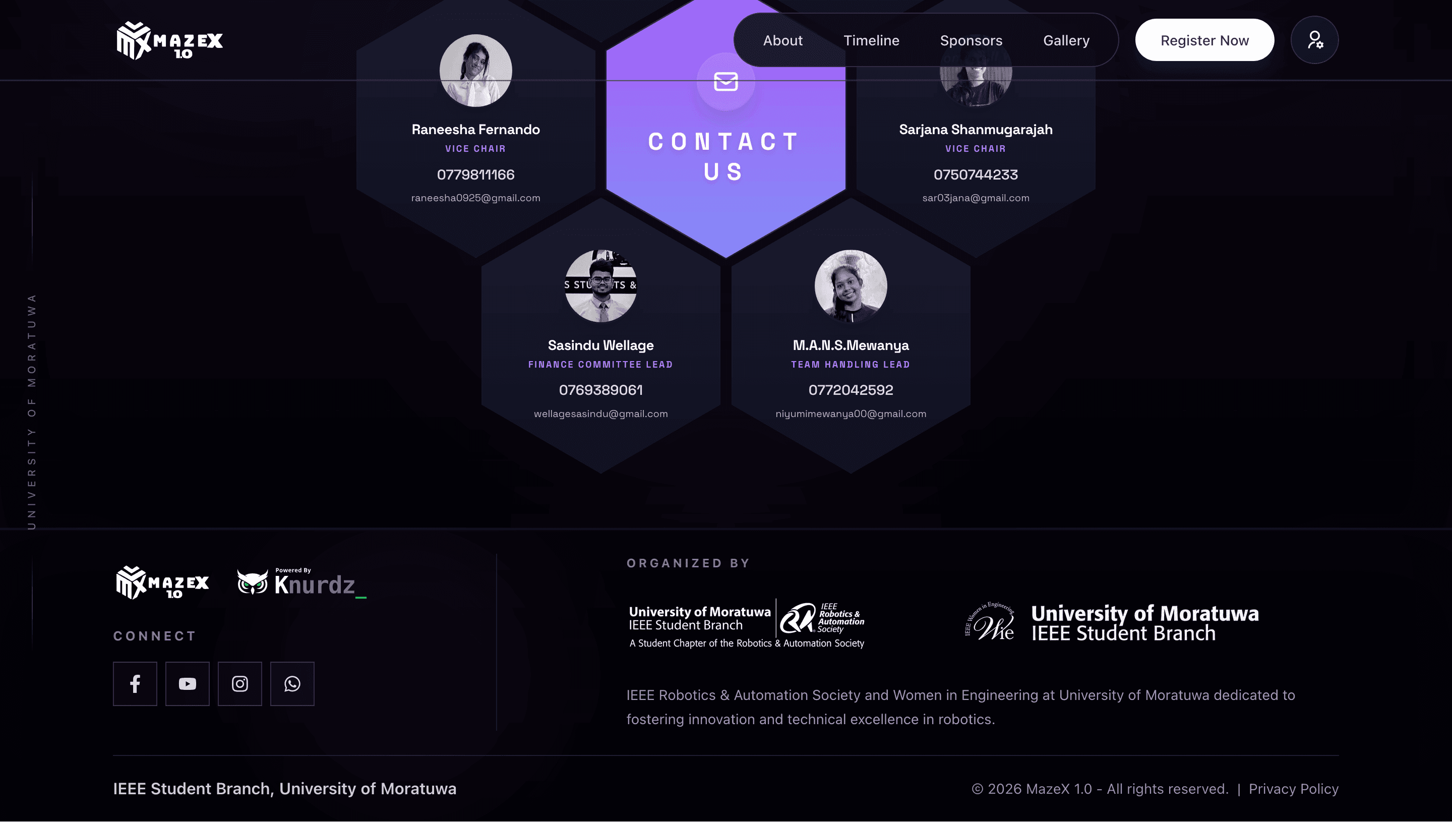 MazeX contact us section with organizing committee profiles